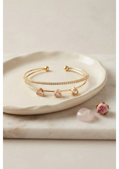 Mey İthalat Pembe Kalp Model Zirkon Taşlı Gold Renk Kadın Bileklik Açık Mor