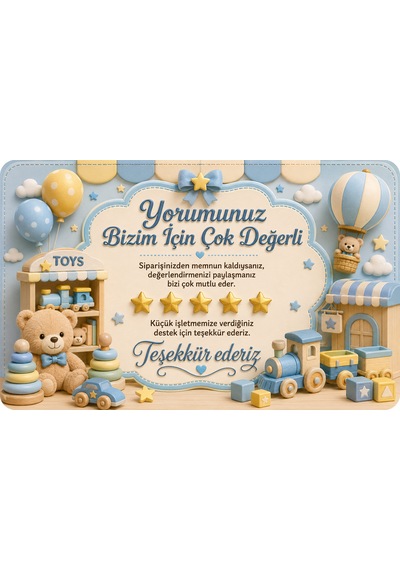 Oyuncak Mağazası Temalı Thank You Kartı Müşteri Yorum Kartı 8x5 Cm Mavi