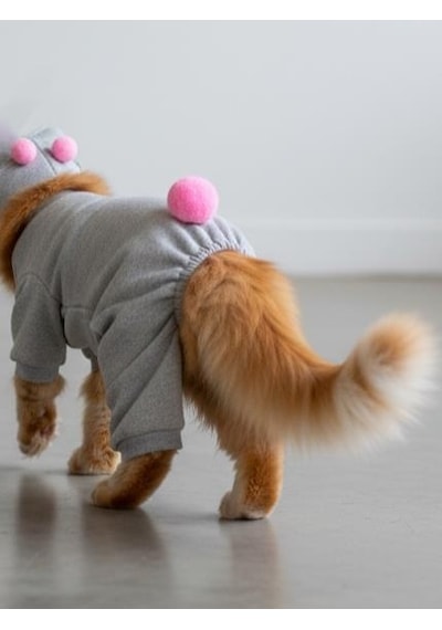 Ponpon Şeker Kedi Tulumu & Bere Takımı Şardonlu Polar Kumaş Tüy Dökülmesini Gri XL