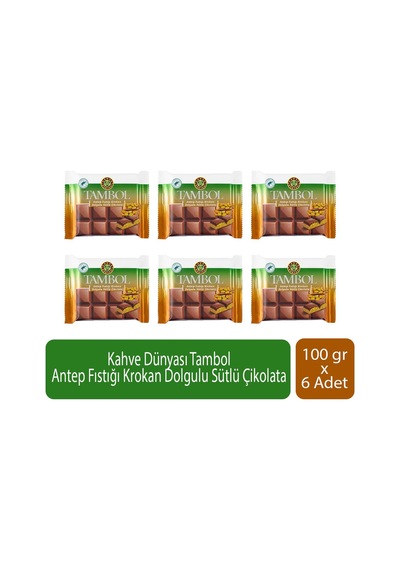 Kahve Dünyası Tambol Antep Fıstığı Krokan Dolgulu Sütlü Çikolata 100 Gr X 6 Adet