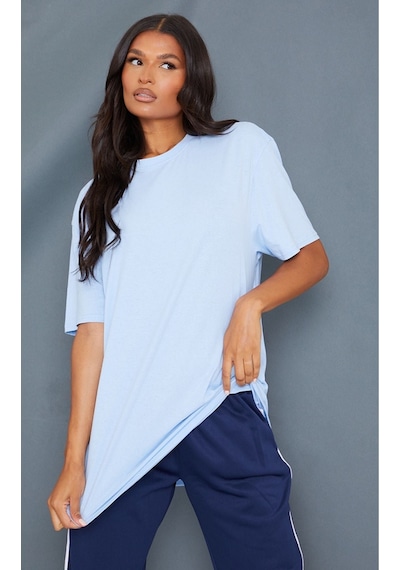 Düz Süprem T-shirt - Bebe Mavisi Oversize Bisiklet Yaka Kısa Kol Tişört Bebe Mavisi