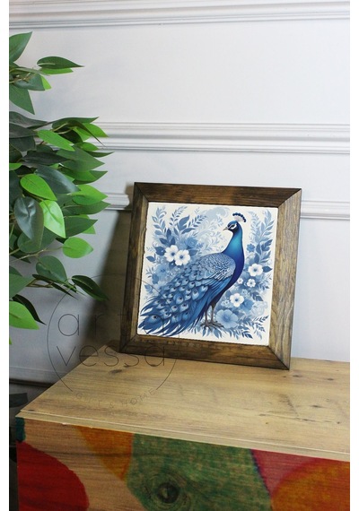 Artavessa Masif Ahşap Çerçeveli Taş Tablo Pano 16 x 16 cm - Tavus Kuşu 1