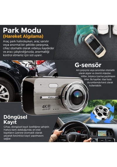 4k Ultra Hd Wifi Araç Kamerası Ön 4k + Arka 1080p Çift Kamera Araç Park Kiti Hediyeli