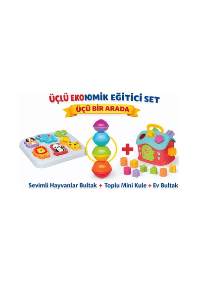 3'lü Bebek Gelişim Seti 2 Toplu Mini Kule + Sevimli Hayvanlar Bultak + Bul Tak