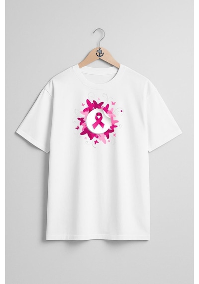 Oversize Dünya Kanser Günü Göğüs Tasarımlı Unisex T-shirt Beyaz