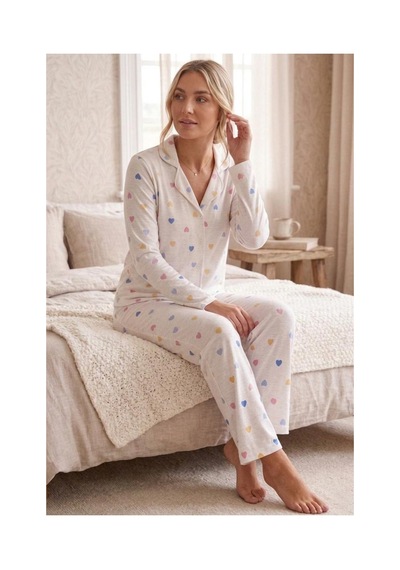 Fit Women Renkli Kalp Desenli Uzun Kollu Pijama Takımı 4603 -beyaz Kar Beyaz