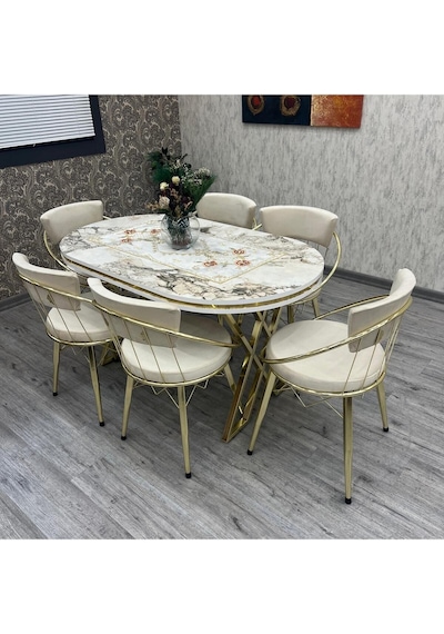 Mutfak Masa Sandalye Takımı Selenit 80-140 Oval Gold 6 Kişilik Mutfak Masası Takımı Gold