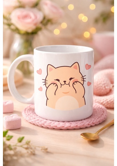 Sevimli Kedi Tasarımlı Porselen Kupa Model 193 Kalpli Cute Cat Baskılı Kahve Kupası Sevgiliye Hediye Seviml Düz Renkli