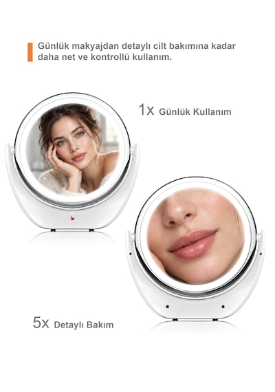 Touchbeauty Tb1276 Led Işıklı, Dounmatik Ekranlı, Şarj Edilebilir Makyaj Aynası 5x Büyütmeli Beyaz