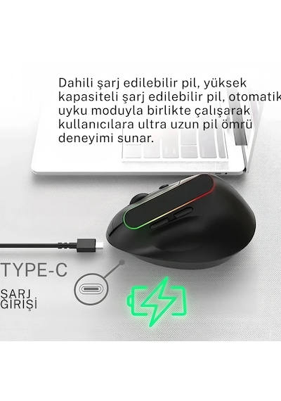 Techtic 2.4g Kablosuz Dikey Tasarım Mouse Çift Modlu Rgb Ergonomik Şarj Edilebilir Sessiz Mod Ofis Oyun Dikey Ergonomik