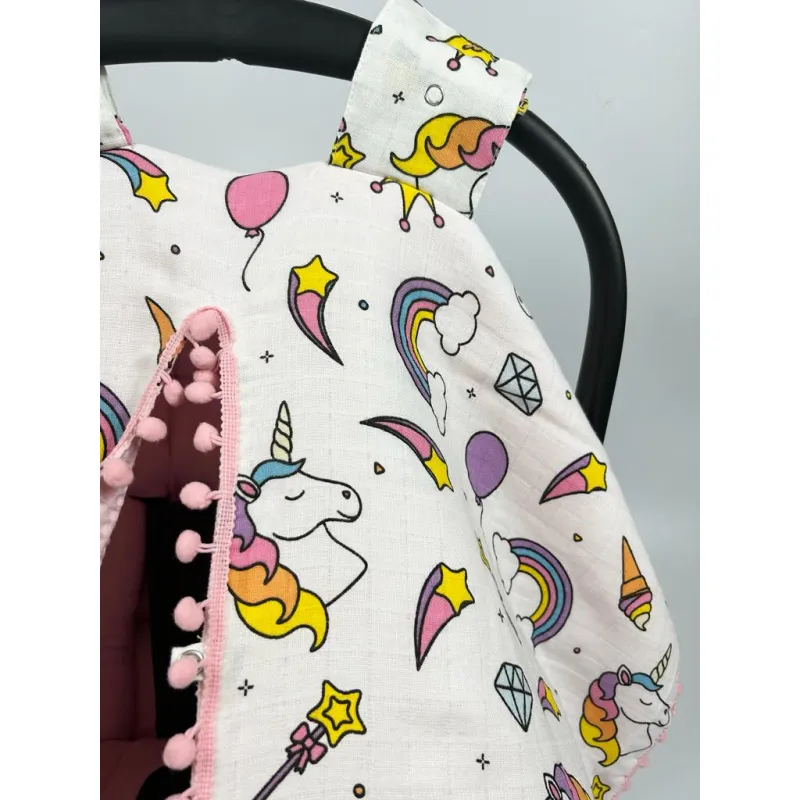 %100 Pamuk Çok Amaçlı Çift Katlı Çift Kullanımlı Müslin Puset Örtüsü Ve Minder&unicorn Pembe Pike