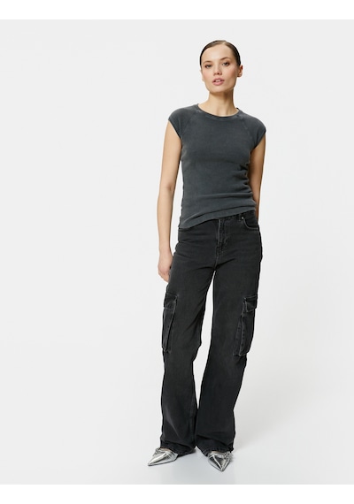 Koton Kap Kol Bisiklet Yaka Tişört Pamuklu Ribanalı Slim Fit Antrasit 4sak50458ek Antrasit
