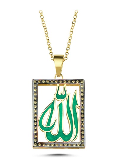 Mineli Allah Yazılı Yeşil Kolye Gümüş