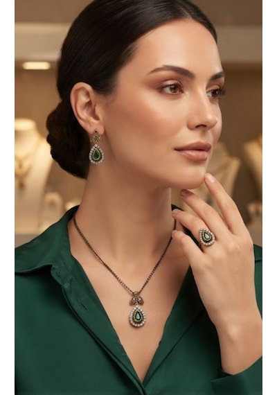 Bakır Damla Taşlı Kolye Küpe Yüzük Takım Set 05 03 - Yeşil