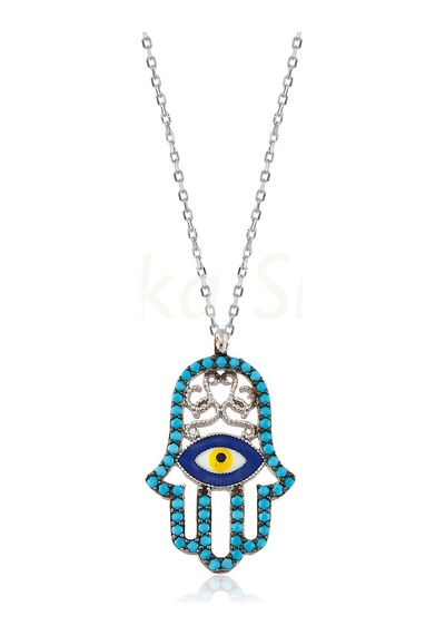 Kuyumcudukkani Firuze Taşlı " Fatma Ana Eli"kolye-20627-g-blu Beyaz