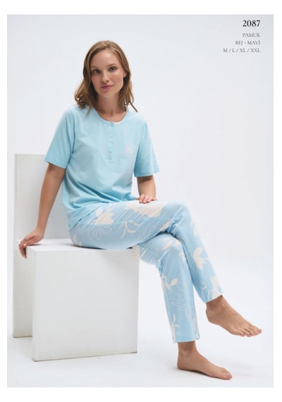 Pijadore 2087 Pamuklu Esnek Kumaş Kısa Kol Kadın Pijama Takımı Mavi