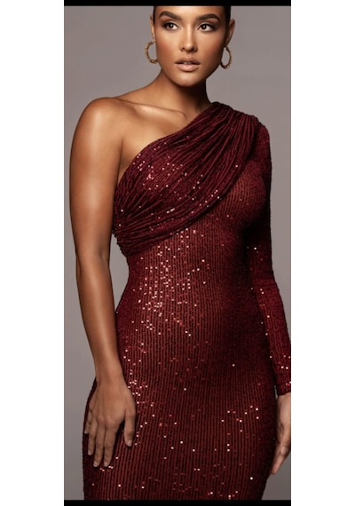 Hanife Glam Couture Hanife Glam Pulpayet Işlemeli Tek Kollu Midi Elbise Bordo