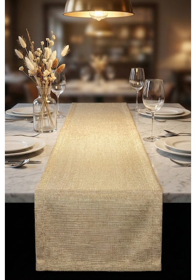 Lumen Serisi Simli Runner Gold / Silver , Premium Çeyizlik Lüks Şık Masa Örtüsü Runner 40x150 Cm Altın