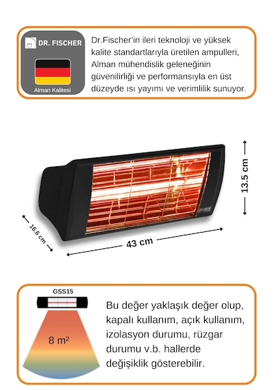 Supra 1500 Watt Gss15 Kumandasız Suya Dayanıklı Elektrikli İnfrared Isıtıcı-siyah
