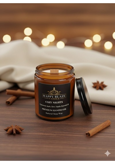 Cozy Nights Tarçın & Vanilya Kokulu El Yapımı Doğal Soya Mumu Happy Blaze Candle Amber