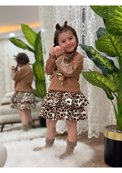 Kız Çocuk Kollar Dantel Detaylı Sweat Leoparlı Etek Alt Üst 2'li Takım Kahverengi