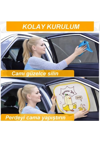 Premium Lüx Ön Cam Yan Cam Perdesi, Araba Ön Cam Perdesi, Otomobil Yan Cam Güneşliği,oto Güneşlik Perde 2 Adet Sarı Beyaz Bananalı Oto Yan Cam Perdesi 12378325