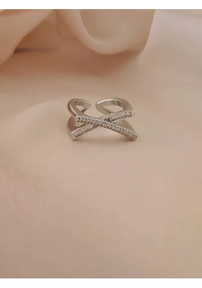 Çarpı X Asimetrik Model Zirkon Taşlı Ayarlanabilir Silver Gümüş Renkli Yüzük Silver