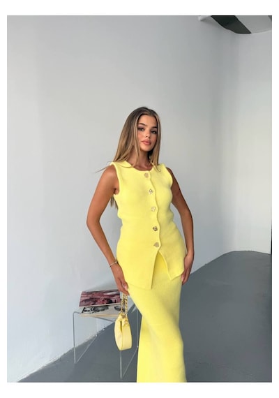 Kechi Woman Gold Aksesuarlı Yelek Etek Sarı Triko Takım