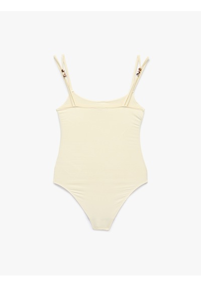 Koton Slim Fit U Yaka Boncuklu Askılı Bodysuit Ekru 6sak10415ek