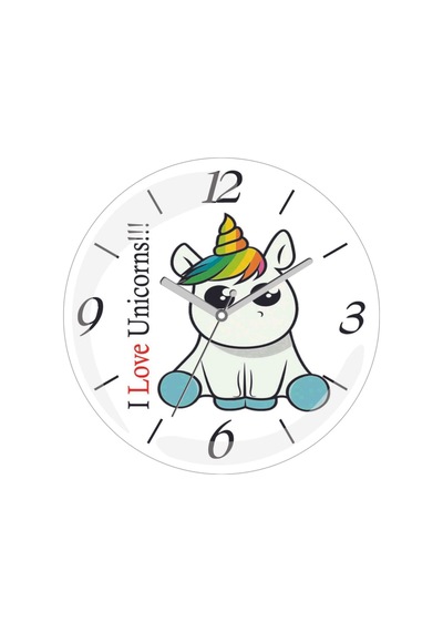 I Love Unicorn Sessiz Akar Bombeli Gerçek Cam Duvar Saati Siyah