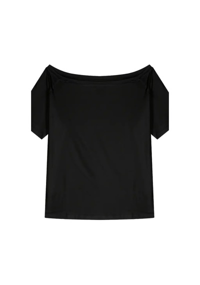 Cool Tarz Siyah Kadın Düşük Omuz Kayık Yaka Oversize T-shirt Siyah Siyah