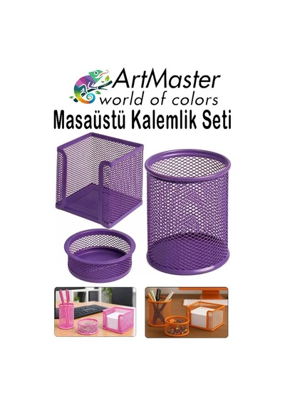 Mor Masaüstü Fileli Kalemlik Seti 3 Parça 1 Paket 3 Lü Masa Üstü Düzenleyici Kalemlik Küp Notluk Ataşlık Mor