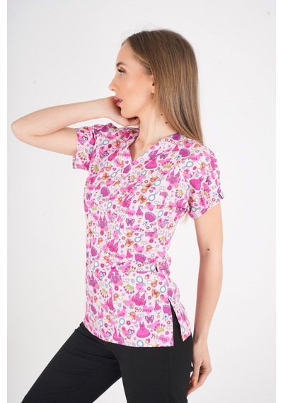 Unisex Pembe Prenses Desenli Likralı Scrubs Hemşire Doktor Hastane Üst Üniforması Pembe