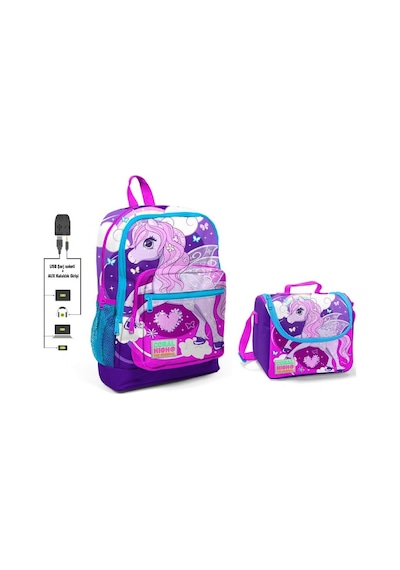 Coral High Mavi Unicorn Baskılı Okul Çantası Ve Beslenme Çantası Seti - Kız Çocuk - Usb Soketli