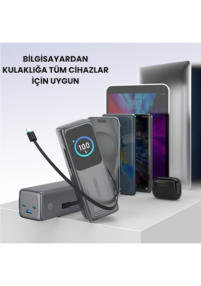 140w Süper Hızlı Şarj 30000mah Powerbank Dijital Led Ekran 2 Usb-c + 1 Usb-a Çıkış Dahili Type-c Kablo Laptop Uyumlu Taşınabilir Şarj Cihazı Açık Gri