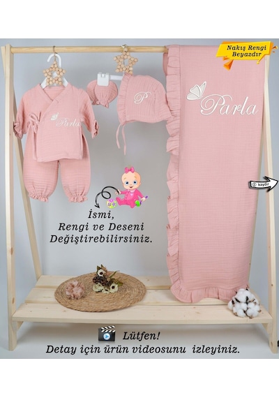 Gros Shop 4 Katlı Müslin 5'li Kimono Bağcıklı Tulum %100pamuk Hastane Çıkışı Kişiye Özgü İsimli Nakış Desenli Pembe-2