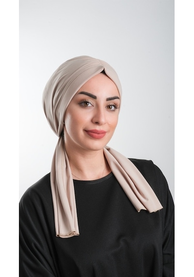 Hürrem Bone Bej Pratik Hazır Geçmeli Tesettür Bone Kesik Elyaf Sade 2111_12 Bej