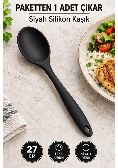 Tekli Siyah Büyük Boy Silikon Kaşık 27 Cm Mutfak Yemek Pişirme Ve Servis Kaşığı Renkli Mutfak Gereci