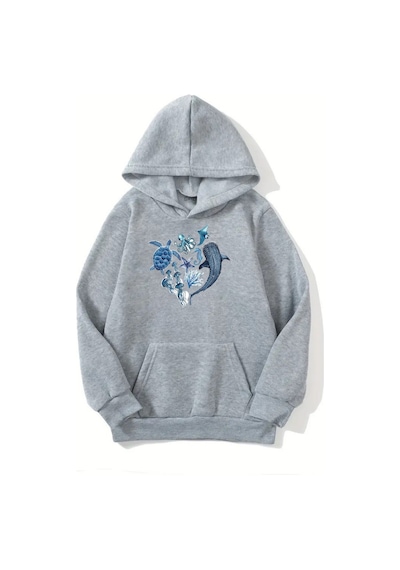 Unisex Gri Kapüşonlu Sweatshirt Deniz Hayvanları Baskılı, Şardonlu Kalın Kumaş Gri