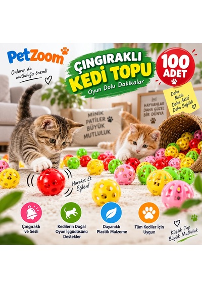 Petzoom 100'lü Çıngıraklı Kedi Topu Kedi Oyuncağı Renkli Sesli Oyun Topu Seti