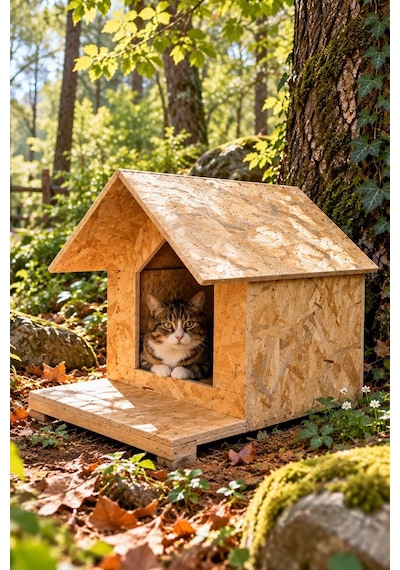 Reyo Kedi Evi 45x40x40 cm, Kedi Barınağı Yağmur ve Rüzgara Dayanıklı OSB Ahşap Kedi Yuvası CAT20