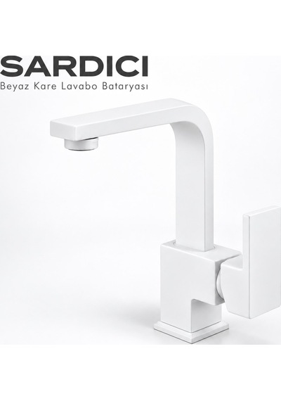 Sardıcı Beyaz Kare Lavabo Bataryası Geniş Kumanda Kollu Çift Su Girişli Krom