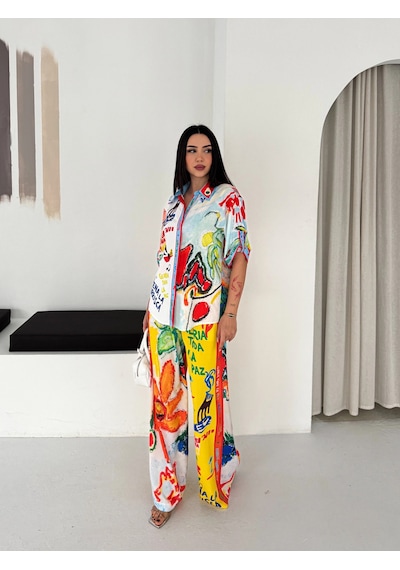 Asprin Fashion Yaz Baskılı Gömlek Pantolon Takım Turuncu