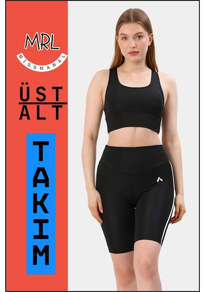 Missmaral Kadın Siyah Takım Alt-üst Kısa Şort-tayt Ve Pedli Sporcu Büstiyer 2li Set Beyaz Biyeli Siyah Beyaz