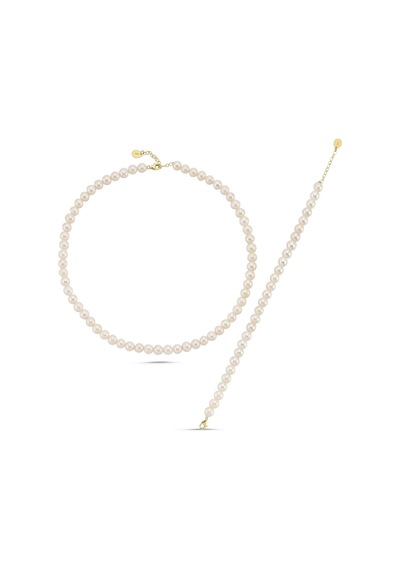 7,5 Mm Sıralı Doğal İnci Kolye Bileklik İkili Set 40 Cm