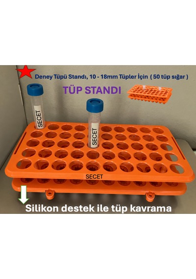 Deney Tüpü Standı, 10 - 18mm Tüpler İçin 50 Tüp Sığar Plastik Tüplük, Turuncu