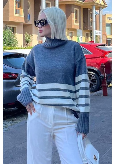 Madmext Gri Oversize Balıkçı Yaka Çizgili Kazak Mg2168 Gri