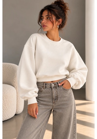 Bbbutikbasic 3 İplik Şardonlu Kısa Sweatshirt Bisiklet Yaka Kadın 3 İplik Şardonlu My3535 Ekru