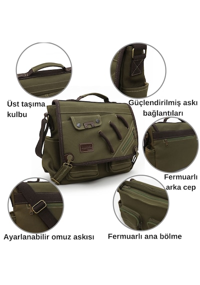 Cappadocia Vintage 4017 Haki 14" Laptop Kanvas Postacı Okul Çantası Unisex Kilitli Çok Cepli Omuz Askılı Haki