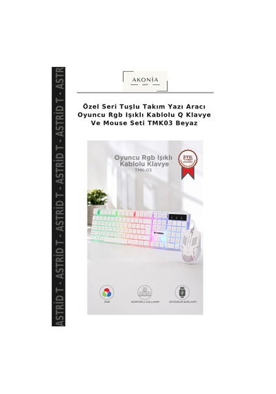 Özel Seri Tuşlu Takım Yazı Aracı Oyuncu Rgb Işıklı Kablolu Q Klavye Ve Mouse Seti Tmk03 Beyaz